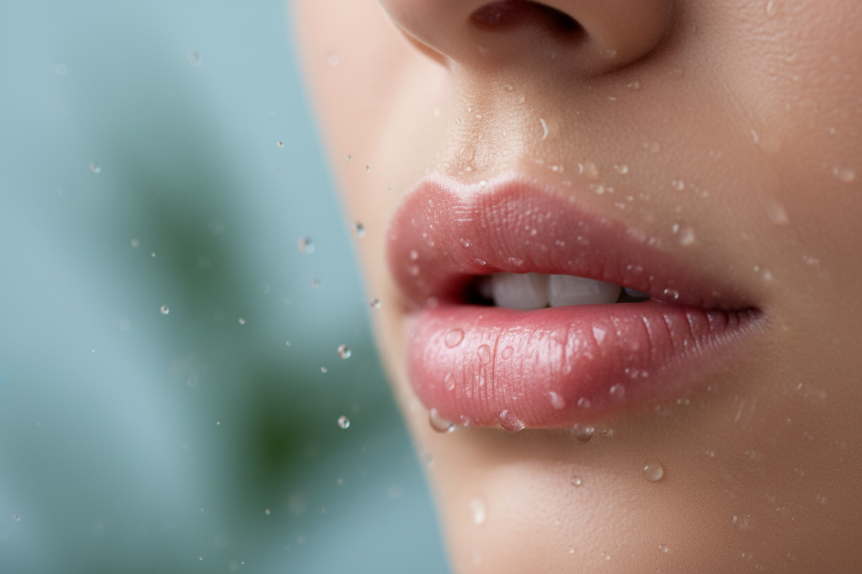 okay please generate me an image from a slight side on of a pair of plump healthy aesthetic lips with water droplets around the boarders of the image, make it like something that you would see in a health a beauty advertisement but with no writing and make the lips not centred